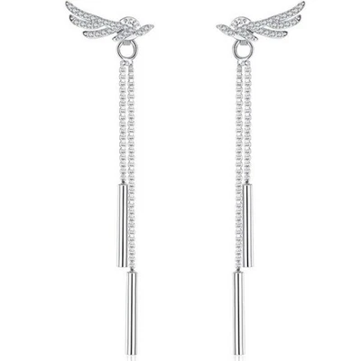 Womens Angel Wing Tassel Chain Silver Stud Earrings Plated Drop Dangle Crystal - Image 1 of 4