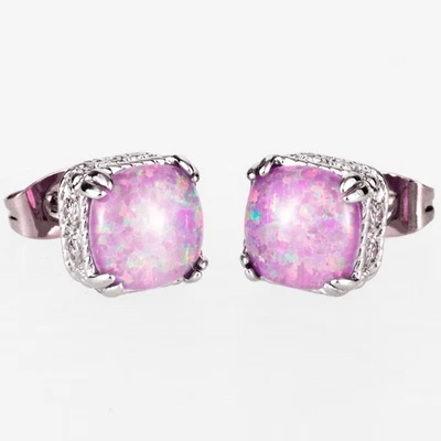 8x8 Cushion Lavender Purple Fire Opal Cabochon Silver Jewelry Stud Earrings - Image 1 of 4