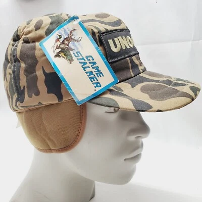 Rare Vintage UNOCAL 76 Game Stalker Camouflage Ear Flap Hat Size L Duck Camo - Image 1 of 4