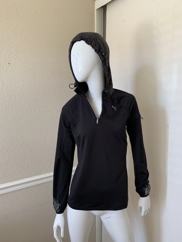 PUMA Women's Black 1/4 Zip Long Sleeve Stretch Pullover Top w/ Nylon Hood Sz XS - Image 1 of 4