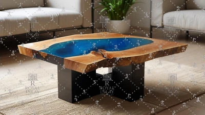 36"X24" Live Edge Wood and Blue Resin Dining Table | Modern River Table - Image 1 of 4