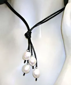 COLLAR con 4 PERLAS Cultivadas Barrocas 11mm, Cuero Negro y PLATA de 1ª ley 925 - Bild 1 von 2