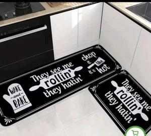 Küchenteppiche, rutschfest waschbar 2er Set, saugfähiger Läufer schwarz weiß - Bild 1 von 3