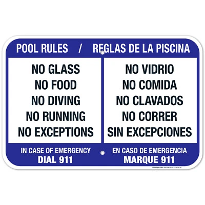 Letrero bilingüe de reglas de piscina inglés español, Foto 1 de 4