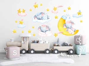 Sleeping baby elephant Moon Clouds Stars Removable Nursery Wall Decal - Picture 1 of 6