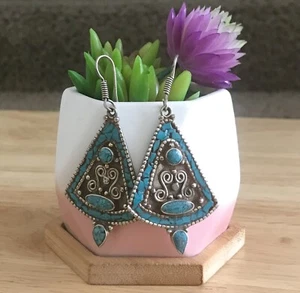 Pendientes Turquesa Vintage Hechos a Mano Bohemia Tibetana Plata Oxidada - Imagen 1 de 4