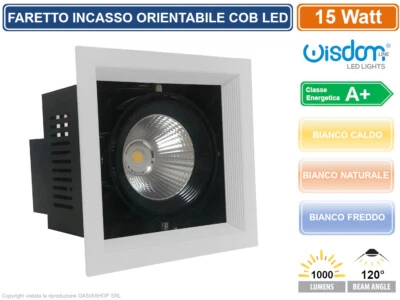 FARO FARETTO LED COB DA INCASSO QUADRATO ORIENTABILE 15W 1000 LM DRIVER INCLUSO - Immagine 1 di 2