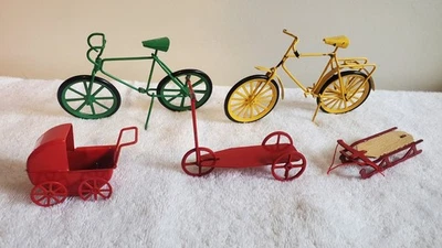 批量 5 件 复古 微型娃娃屋 金属自行车 越野车 滑板车和雪橇 — 第 1/4 张图片