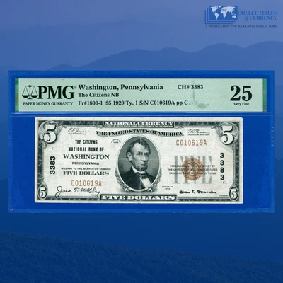 1929 $5 Citizens National Bank Of WASHINGTON, PA, Charter #3383, PMG VF 25 - Image 1 of 3