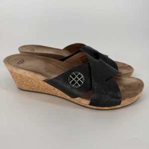 UGG Australia Lyra Damen-Slipper 10 schwarze Lederriemen Keilabsatz Logo - Bild 1 von 8