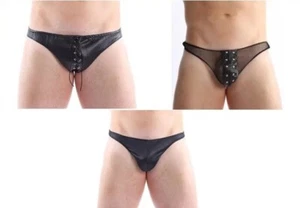 Sexy Tanga de Cuero Sintético de Aspecto Húmedo para Hombres Sissy Tanga Corbata Tachuelas Brillan - Imagen 1 de 18