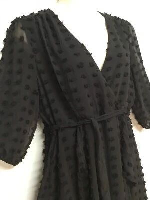 XL NY COLLECTION Chenille-Dotted Black Shirt Dress Midi Tie Belt Sheer 1-A291-5 - Image 1 of 4