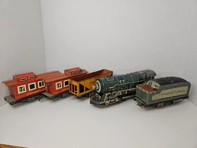 Unique Art Lines O Gauge Tin Locomotive #1950,Tender,2 Caboose & Hopper Lot of 5 - Image 1 of 4