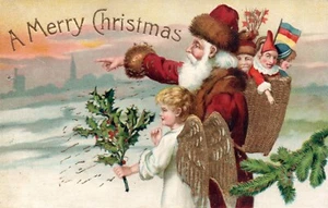 Cartolina Babbo Natale d'epoca dorata un buon Natale con angelo e regali - Foto 1 di 2