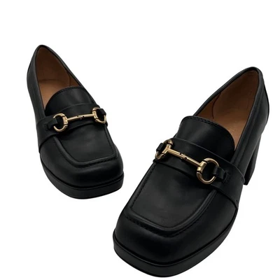 Zapatos Mocasines Nine West Mujer Cuero Negro Plataforma Horsebit Tacón Bloque 8M Foto 1 de 4