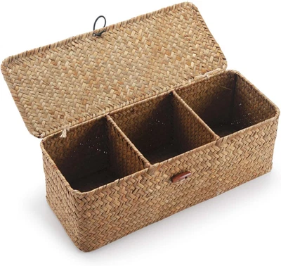 Cesta Portaoggetti Seagrass Con Coperchio Scatola Di Vimini Rettangolare Con Sco - Immagine 1 di 4