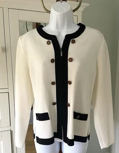 VTG Exclusively Misook -Womens PL-  Zip Cardigan -Black White -Lightweight- NOS - Picture 1 of 13