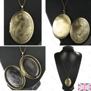 LARGE VINTAGE BRASS LOCKET long chain NECKLACE antique gold 6cm BIG OVAL retro - Picture 1 of 4