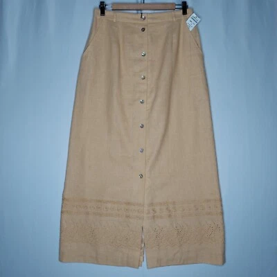 Falda Orvis Midi 12 Lino Algodón Botón Línea A Bolsillo Bordado Cottagecore Foto 1 de 4