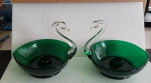 Vintage 5" Pair Duncan Miller Emerald Clear Glass Swan Candle Holder - Picture 1 of 5