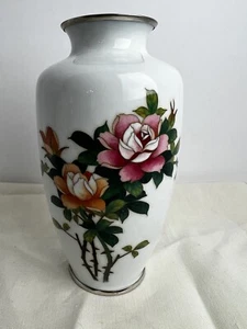 VTG JAPAN SATO CLOISONNE  W/ Pink Yellow Orange ROSES  Enamel/ Silver Wired Vase - Picture 1 of 10