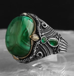 925 Sterling Silver Men's Ring Turkish Handmade Natural Stone Malachite Stone - Picture 1 of 3