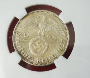 NGC MS-63 NAZI SWASTIKA 1937-A 2 ReichsMark SILVER COIN-German 3rd-REICH MINT! - Picture 1 of 6