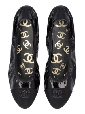RARO Auténtico Chanel Negro Charol Punta CC Bailarina Ballet Pisos Foto 1 de 4