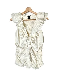BOSTON PROPER Top Women’s S Cream Ruched Ruffle V-neck Zip Fitted Cotton Y2K - Picture 1 of 5