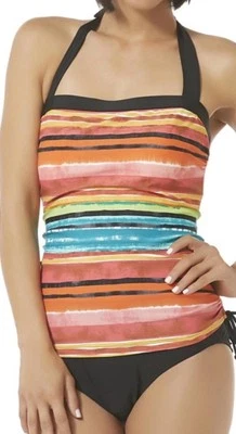 NWT Tropical Escape 1 Piece Swimsuit 16 Rainbow Stripes & Black Ruched Tankini - Image 1 of 4