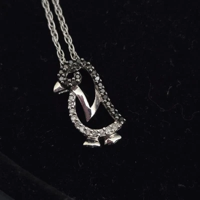 Collar Colgante PINGÜINO Plata de Ley 925 Diamante Blanco y Negro 18" Foto 1 de 4