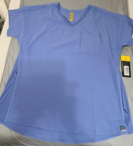 Wonder wink scrubs women Curved Hem Notch Neck Top blue L 6329 - Picture 1 of 6