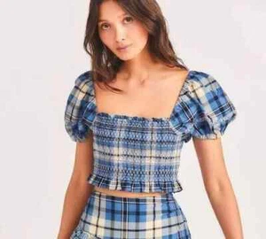 LoveShackFancy Womens Hersh Cropped Smocked Checked Cotton Blouse Tunic Top XS - Picture 1 of 12
