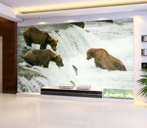 3D Waterfall Bear D1549 Animal Wallpaper Mural Self-adhesive Removable Honey - Picture 1 of 12