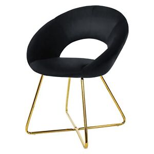 Silla de comedor negra de terciopelo asiento curvado con patas metálicas doradas