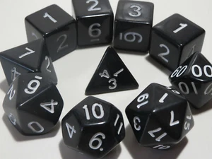 RPG Dice 10pc - Opaque Black w/ White ink- 1 @ D4 D8 D10 D12 D20 D00-10 & 4 D6 - Picture 1 of 9