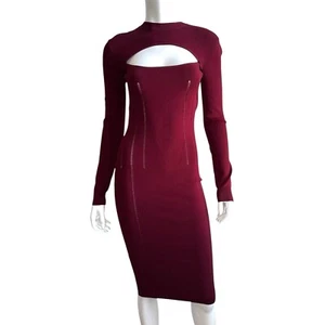 Mcq By Alexander Mcqueen Ribbed Long Sleeve Midi Dress Size Small Bodycon Wine - Picture 1 of 10