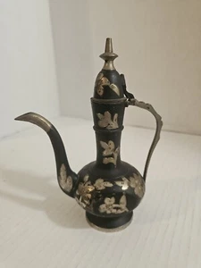 Vintage Indian Pewter Brass Ewer Jug Pot Pitcher Lid Black Floral Pattern - Picture 1 of 8