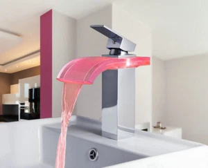 LED Waterfall Glass Spout Bathroom Basin Sink Faucets Hot &Cold Water Mixer Taps - Picture 1 of 10