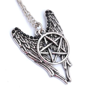 Supernatural Castiel Wings Pentagram Symbol Charm Pendant Link Necklace Chain  - Bild 1 von 3