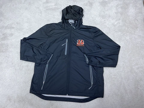 Cincinnati Bengals Jacket Mens Extra Large Black Orange Hooded Windbreaker NFL Cover