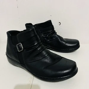 Clarks Ladies Cora Rouched Black Leather Ankle Boot Size 8 - Picture 1 of 16