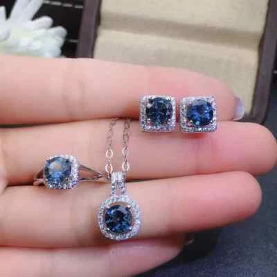 Conjunto de joyas collar pendientes regalo San Valentín redondo laboratorio creado topacio azul Foto 1 de 4