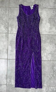 Papell Boutique Evening Vtg Silk Beaded Long Maxi Gown Dress Slit y2k Purple 10 - Picture 1 of 23