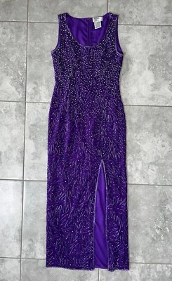 Papell Boutique Evening Vtg Silk Beaded Long Maxi Gown Dress Slit y2k Purple 10 - Image 1 of 4