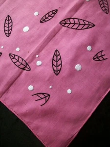 Vtg Embroidery Handkerchief Black Feathers White Dots Emb Hankie Pink Hanky 1161 - Picture 1 of 8