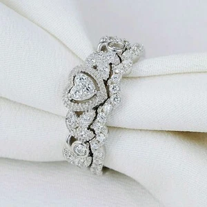 Set Anello di Fidanzamento Matrimonio Donna Cuore e Taglio Rotondo Argento Sterling 925 2pz 5-10 - Foto 1 di 11
