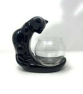 Vintage ROYAL HAEGER USA Black Cat Sculpture With Glass Bowl 8” x 7" - Picture 1 of 8