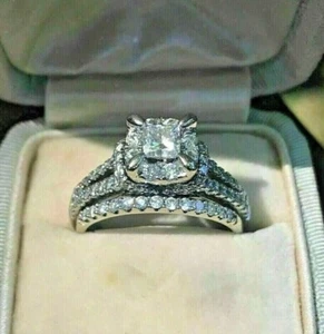 2Ct Princess Cut Simulated Diamond Bridal Set Wedding Ring 14k White Gold Plated - Picture 1 of 4