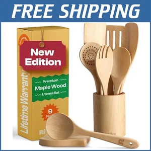 Eco-Friendly 9-Piece Wooden Spoon and Spatula Set - Stylish Maple Kitchen Tools - Picture 1 of 9